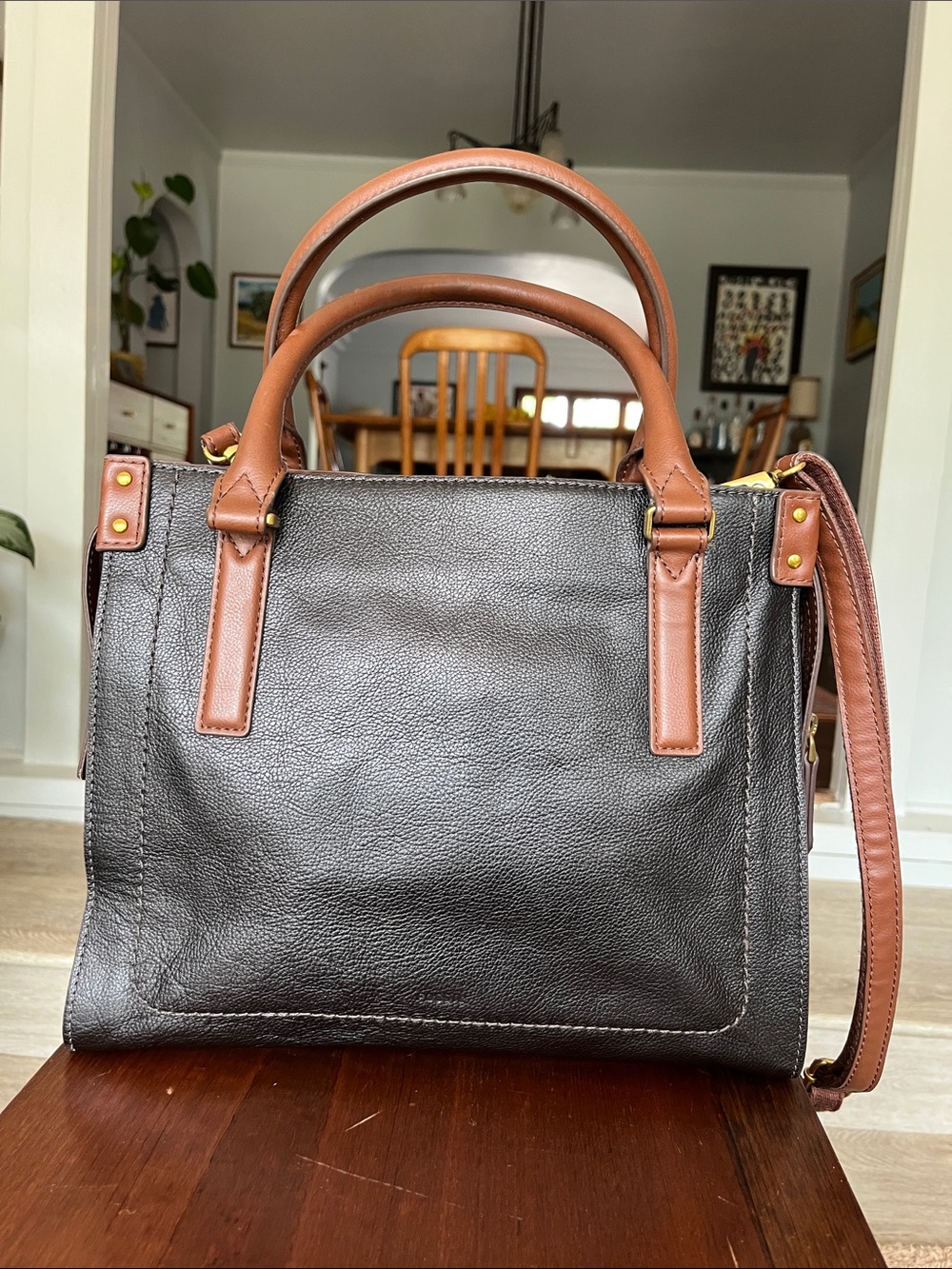 Fossil Leather Two-Tone Claire Satchel Handbag - Brown and Tan